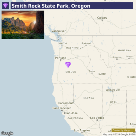 Map showing the location of Smith Rock State Park in Oregon, highlighted with a purple diamond marker, alongside an inset photograph of the park's iconic rock formations and lush greenery at sunrise.