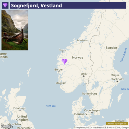 A map showing the location of Sognefjord in Vestland, Norway, marked with a purple diamond symbol, along with an inset photo of a traditional Viking wooden boat on the shore of the fjord surrounded by mountainous terrain.