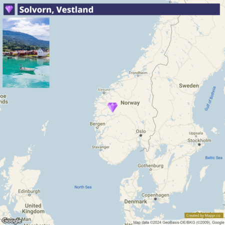 The image features a map of Scandinavia with a focus on Norway, marking the location of Solvorn in Vestland with a purple diamond-shaped icon. The map also shows surrounding countries, including parts of Sweden, Denmark, and the United Kingdom. In the upper left corner, there is a small inset photograph depicting a waterfront scene with buildings and a boat in Solvorn. A banner at the top reads "Solvorn, Vestland." The bottom right corner credits Google and Mappr.co for the map data and creation.