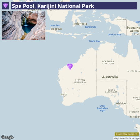 Map showing the location of Spa Pool in Karijini National Park, Western Australia, with a small image inset of the Spa Pool's natural rock formations and clear blue water.