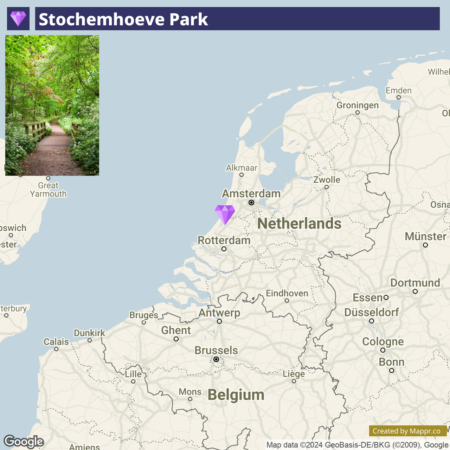 "Map of the Netherlands with a location marker on Stochemhoeve Park, accompanied by a small image depicting a lush, green pathway through the park."