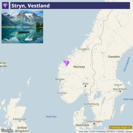 A split-view image with the top half showing a scenic photograph of a green mountain reflecting on a clear lake with a solitary boat in Stryn, Vestland, and the bottom half displaying a map marking the location of Stryn in Norway with a purple pointer.