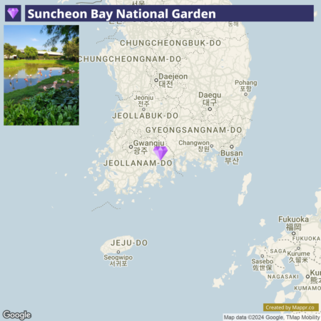 A map displaying South Korea's southern provinces with a specific marker indicating the location of Suncheon Bay National Garden in the Jeollanam-do region. The map also shows surrounding cities and provinces, such as Gwangju, Busan, and Jeju-do.