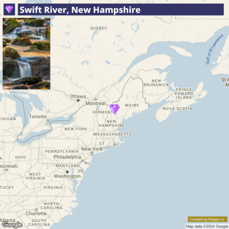 A map highlighting the location of Swift River in New Hampshire, with a small inset photo of a waterfall in the top left corner. The map shows neighboring US states, Canadian provinces, and bodies of water, with a purple diamond marker indicating the river's location.