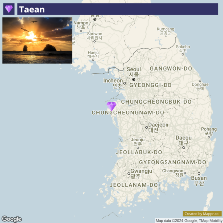 An image featuring a graphic labeled "Taean" in the top left corner with a scenic seaside sunset thumbnail, overlaying a map of South Korea highlighting the location of Taean with a purple pin. The map shows provinces and major cities, including Seoul and Busan, with mapping data attributed to Google and TMap Mobility.