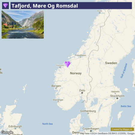 A map showing the location of Tafjord, Møre og Romsdal in Norway with a purple marker, alongside a split view of a scenic photo of the landscape in Tafjord featuring a river, mountains, and trees. The map includes nearby cities and bodies of water in the region.