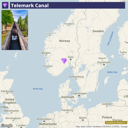 A split-screen image with the top half showing a boat navigating through a narrow lock on the Telemark Canal, surrounded by greenery and with a small waterfall on the left, and the bottom half displaying a map highlighting the canal's location in Norway, with a purple diamond-shaped marker near the city of Oslo.