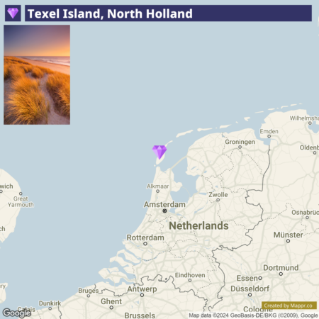 A map showing the location of Texel Island in North Holland, with a purple marker pointing to the island on a map of the Netherlands and surrounding areas. The top left corner features a photograph of a beach on Texel Island with tall grasses during sunset.