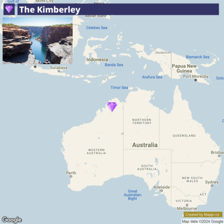 An annotated map focusing on parts of Indonesia and northern Australia, highlighting the location of The Kimberley region in northwest Australia with a purple map pin. There's an inset photo of a rugged cliff over a body of water in The Kimberley. Major cities like Perth, Sydney, Melbourne, and Adelaide are labeled, as well as the surrounding bodies of water such as the Arafura Sea and Timor Sea.