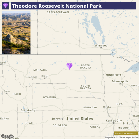 A map showing the location of Theodore Roosevelt National Park in North Dakota, USA, with a landscape photo of the park above, featuring rocky terrain and sparse vegetation.