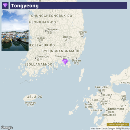 Map showing the location of Tongyeong in South Korea with nearby cities and provinces, and the southern coast of South Korea and a portion of Japan's northern Kyushu region. The map has various city names labeled and a purple marker indicating the position of Tongyeong.