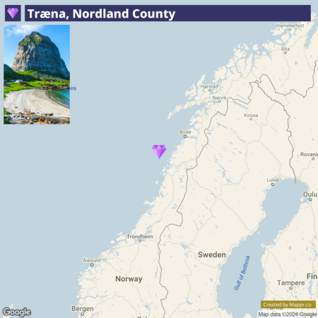 An image featuring a split view: on the left side is a photo of a rocky, green-covered mountain by a beach, and on the right side is a map highlighting Træna in Nordland County, Norway, with a purple marker in the sea off the coast.