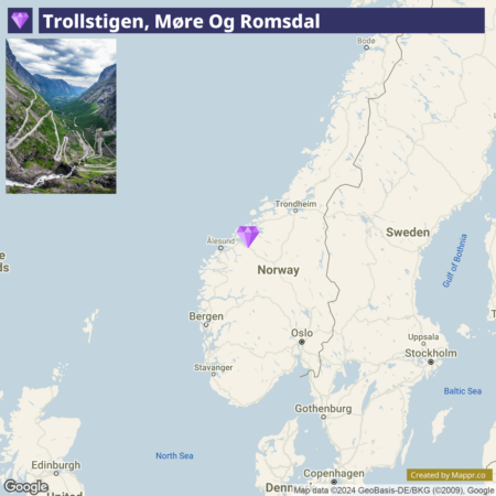 An inset image of the Trollstigen mountain road in Møre og Romsdal on the upper left, with a main map showing the location of Trollstigen in Norway, marked by a purple pointer near Ålesund.