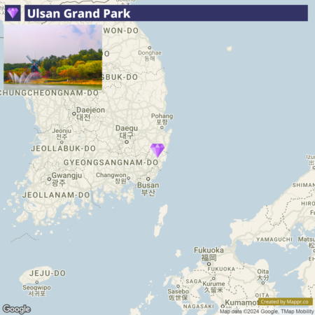 Map showing the location of Ulsan Grand Park in South Korea, marked by a purple diamond shape near the city of Ulsan, on the east coast of the Korean Peninsula.