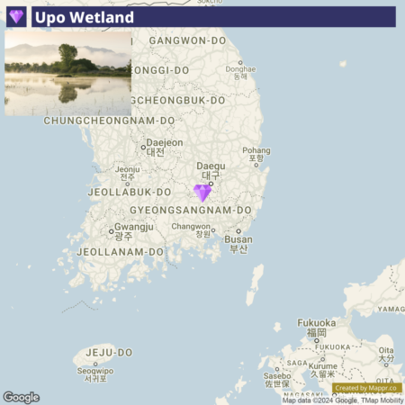 Map of South Korea highlighting the location of Upo Wetland with a purple marker in Gyeongsangnam-do province, alongside other marked provinces and cities.