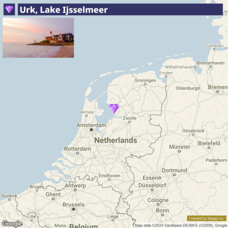 An image collage showing a picturesque sunset view of Urk, Lake Ijsselmeer on the top, and a map highlighting the location of Urk in the Netherlands on the bottom.