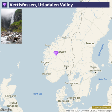 A map highlighting the location of Vettisfossen waterfall in the Utladalen Valley, Norway, with an inset photo of the waterfall and surrounding landscape in the upper left corner. The map shows surrounding countries and major cities with a purple diamond marker indicating the waterfall's location.