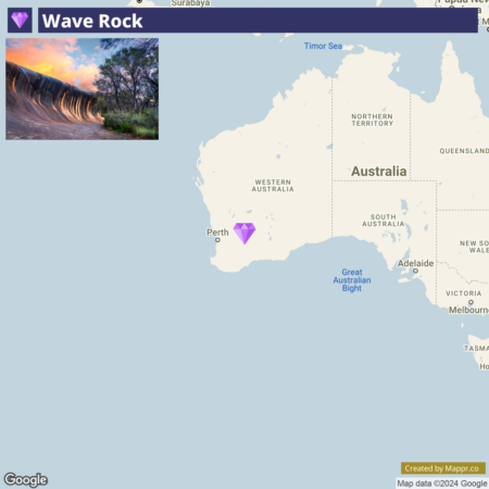 An image split between a photograph of Wave Rock, a natural rock formation with a wave-like shape in Western Australia, and a map highlighting the rock's location east of Perth. The photo shows the curved rock with a clear sky above and vegetation below.