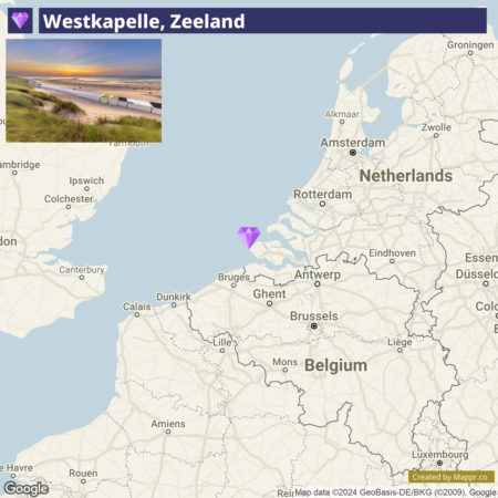 A map showing the location of Westkapelle, Zeeland in the Netherlands, with a small inset picture in the upper left corner depicting a serene beach scene at sunset.