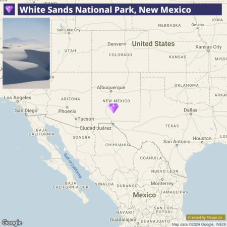 A map highlighting the location of White Sands National Park in New Mexico, with an inset photo of the park's white sand dunes against a mountain backdrop.