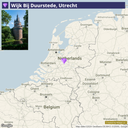 A map of the Netherlands with a highlighted location marker on Wijk Bij Duurstede, Utrecht, and an inset photo in the top left showing a historic turret surrounded by greenery.