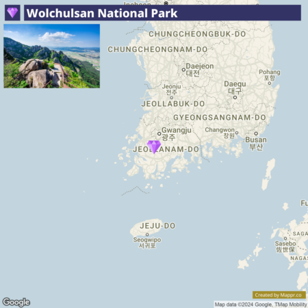 A map highlighting Wolchulsan National Park in South Korea, with the surrounding geographical area and cities labeled in both English and Korean. The park is marked with a purple icon, located in the southwestern part of the Korean Peninsula, near Jeollanam-do province.