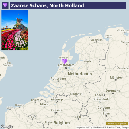 A promotional image featuring an inset photo of a colorful tulip field with a windmill at Zaanse Schans, North Holland, placed over a map highlighting the location near Amsterdam on a map of the Netherlands and parts of Belgium and Germany.