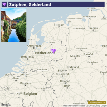 A map highlighting Zutphen in Gelderland, Netherlands, with surrounding major cities and countries.