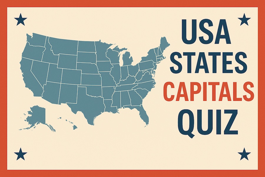 Us States Capitals Quiz showing 50 states of the usa