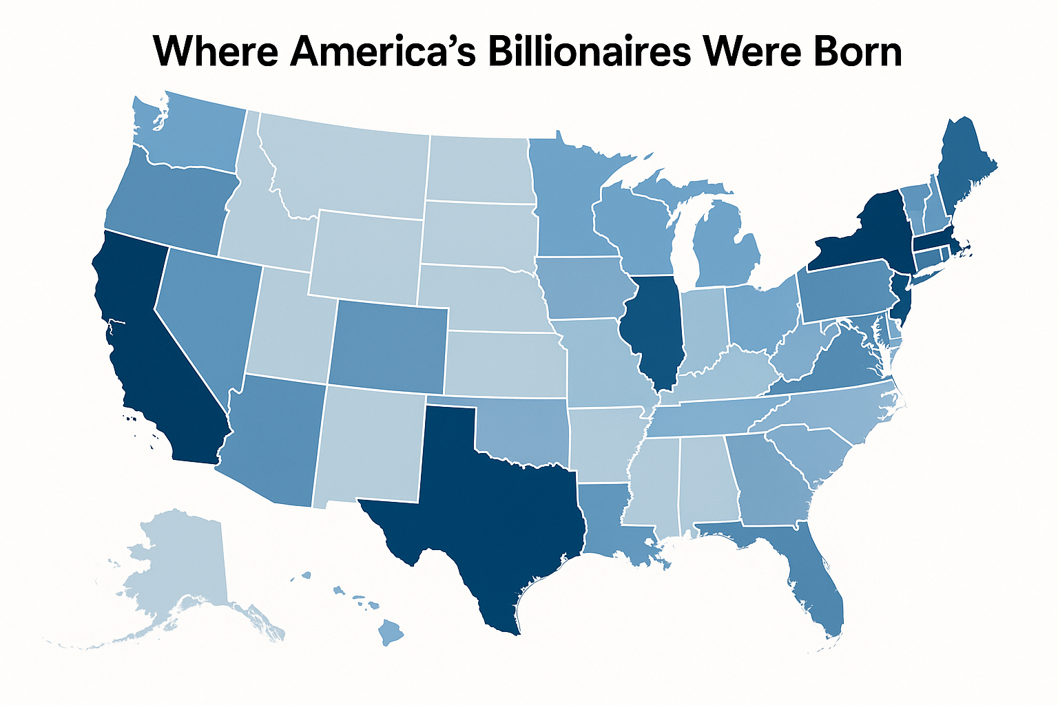 Choropleth map of the United States showing billionaire birthplaces by state