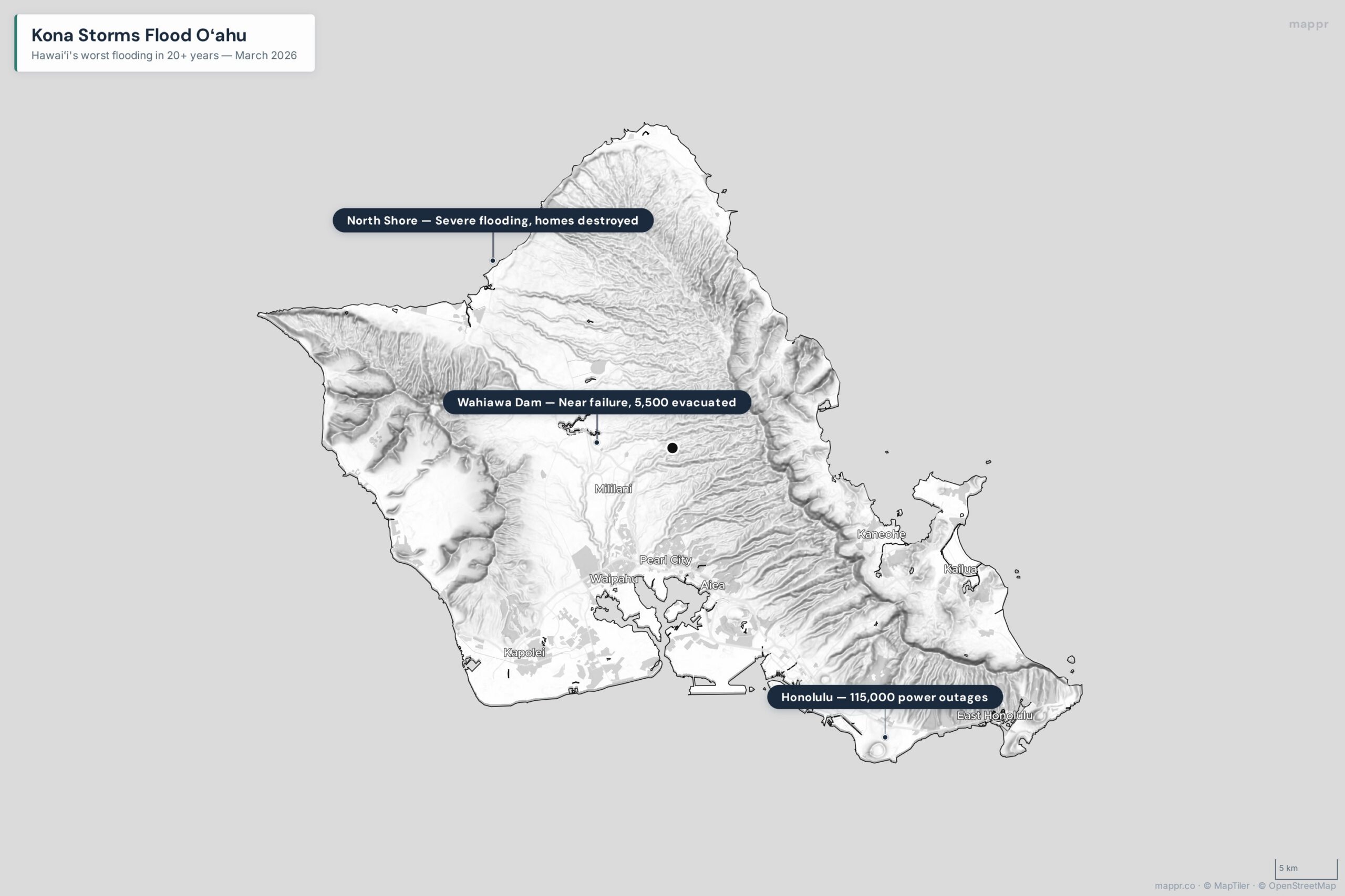 Map of Oahu showing areas affected by March 2026 Kona storm flooding including North Shore, Wahiawa Dam, and Honolulu