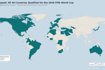 World map highlighting the 48 nations qualified for the 2026 FIFA World Cup in USA, Canada and Mexico