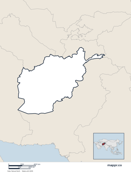 Blank political map of Afghanistan showing its international borders without labels.
