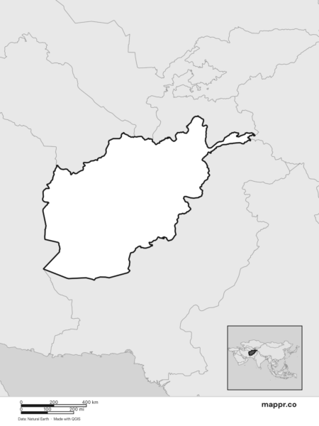 Blank political map of Afghanistan showing its international borders without labels (black and white).