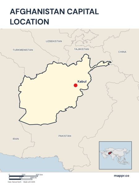 Detailed map pinpointing Kabul, the capital of Afghanistan.