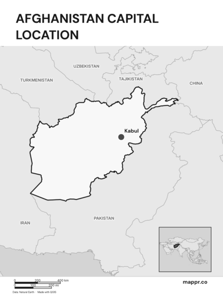 Detailed map pinpointing Kabul, the capital of Afghanistan (black and white).