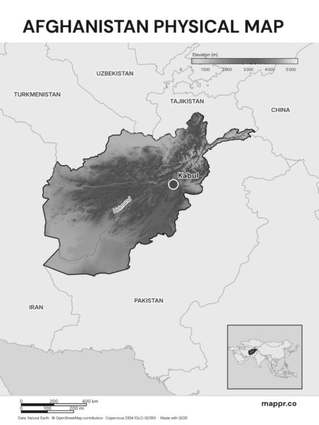 Map featuring Kabul, the capital of Afghanistan, with rich topographical detail (black and white).