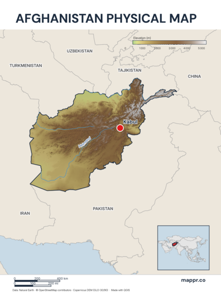 Map featuring Kabul, the capital of Afghanistan, with rich topographical detail.