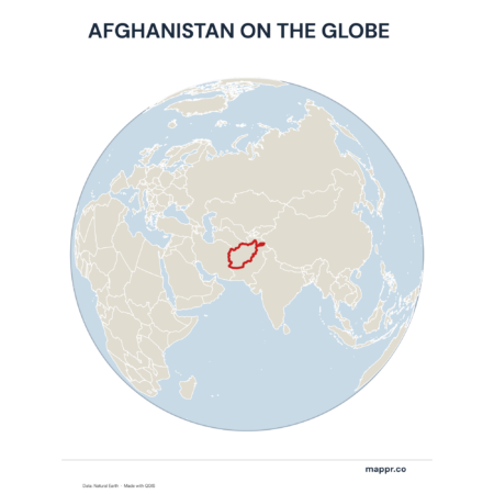 A map highlighting Afghanistan's location on a globe, marked with a red outline.