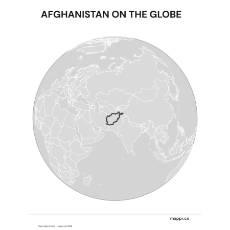 A map highlighting Afghanistan's location on a globe, marked with a red outline (black and white).