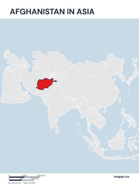 A map highlighting Afghanistan's location on the asian continent.