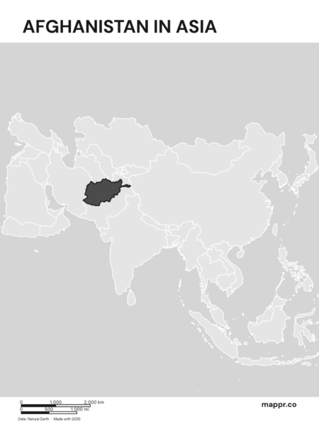 A map highlighting Afghanistan's location on the asian continent (black and white).