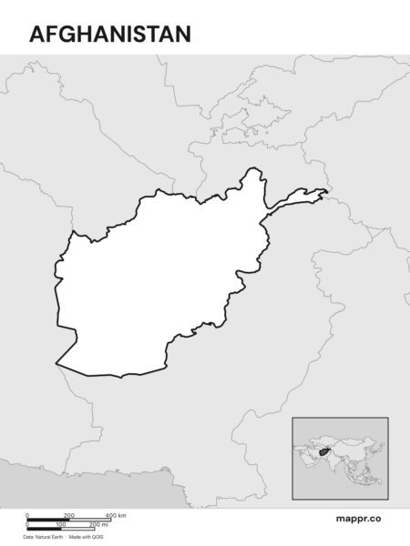 Outline map of Afghanistan with detailed country borders (black and white).
