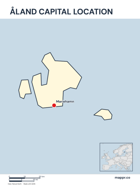 Detailed map pinpointing Mariehamn, the capital of Åland.