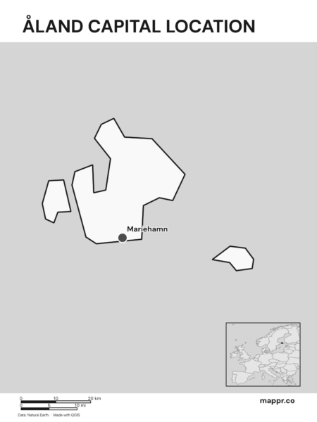 Detailed map pinpointing Mariehamn, the capital of Åland (black and white).