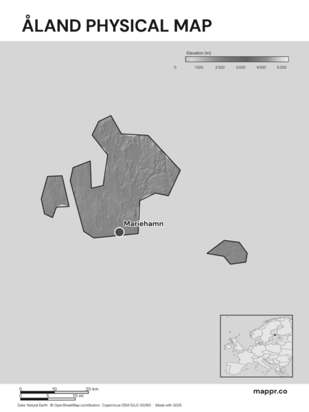 Map featuring Mariehamn, the capital of Åland, with rich topographical detail (black and white).