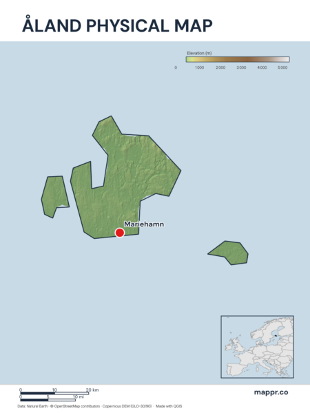 Map featuring Mariehamn, the capital of Åland, with rich topographical detail.