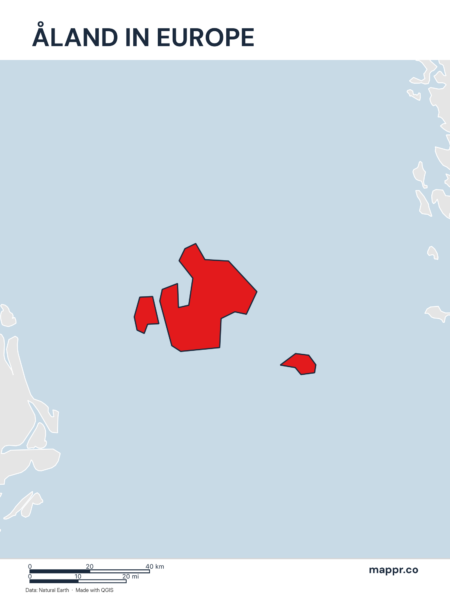 A map highlighting Åland's location on the european continent.