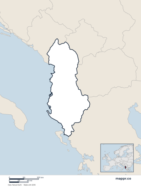 Blank political map of Albania showing its international borders without labels.
