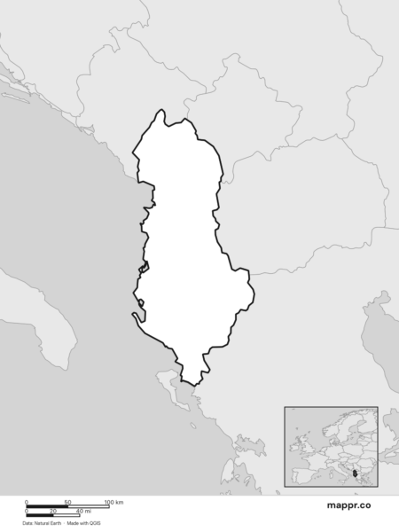 Blank political map of Albania showing its international borders without labels (black and white).
